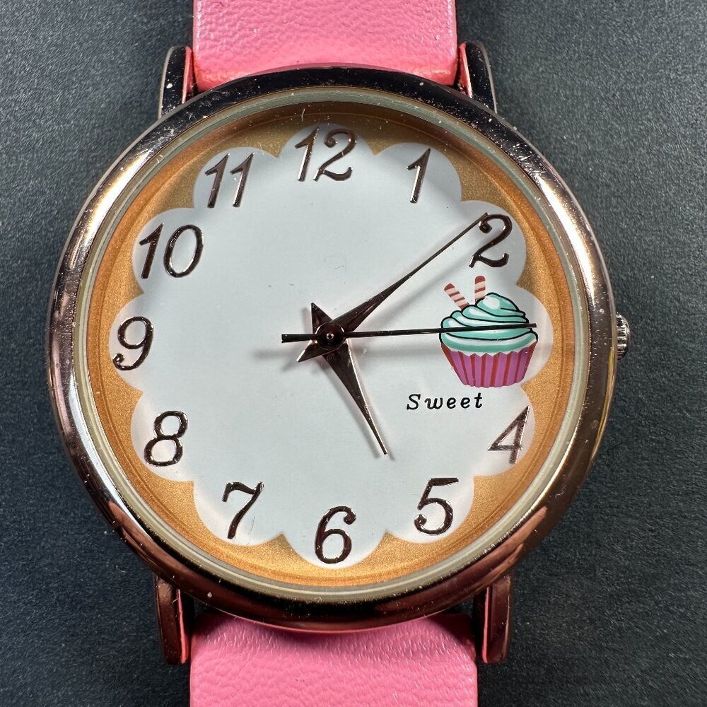 BWC "SWEET" CUPCAKE ANALOG WATCH W/ PINK BAND & GOLD TONE CASE